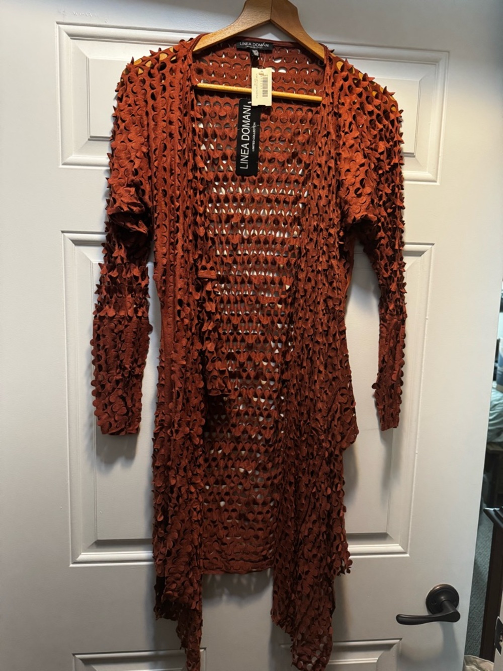 LINEA DOMANI Rust Openwork Long Sleeve Duster Cardigan